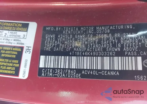 2009 Toyota Camry Le from USA, damaged, VIN 4T1BE46K49U303262
